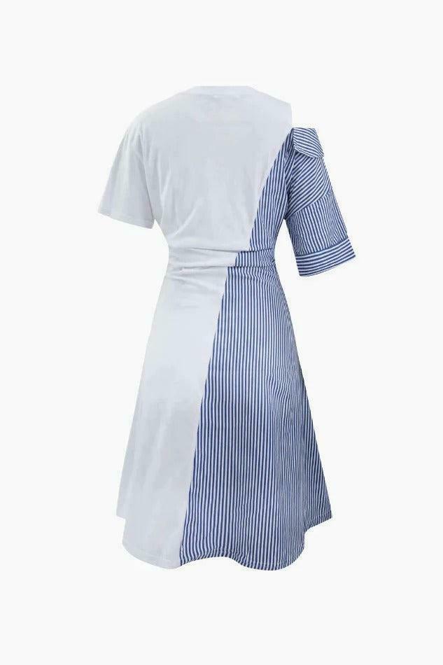 Y2K Fashion Contrast Panel Pinstripe Midi Dress - Coquette Aesthetic Grunge Style Vintage Outfit