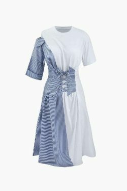 Y2K Fashion Contrast Panel Pinstripe Midi Dress - Coquette Aesthetic Grunge Style Vintage Outfit