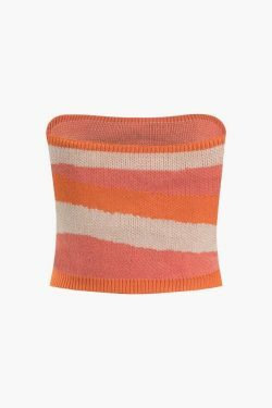 Y2K Fashion: Contrast Stripe Knit Tube Top & Midi Skirt Set - Coquette A