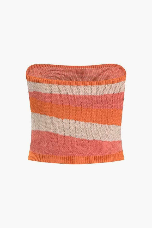 Y2K Fashion: Contrast Stripe Knit Tube Top & Midi Skirt Set - Coquette A