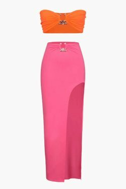 Y2K Fashion Contrast Tube Top & Slit Skirt Set - Coquette Aesthetic Grunge Style