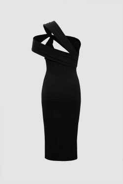 Y2K Fashion Coquette Aesthetic Asymmetric Shoulder Cut Out Midi Dress