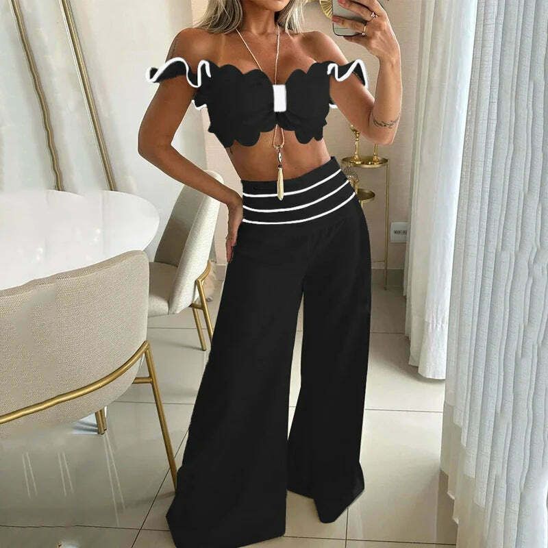 Y2K Fashion Coquette Aesthetic Bow Short Top Wide Leg Pant Suit