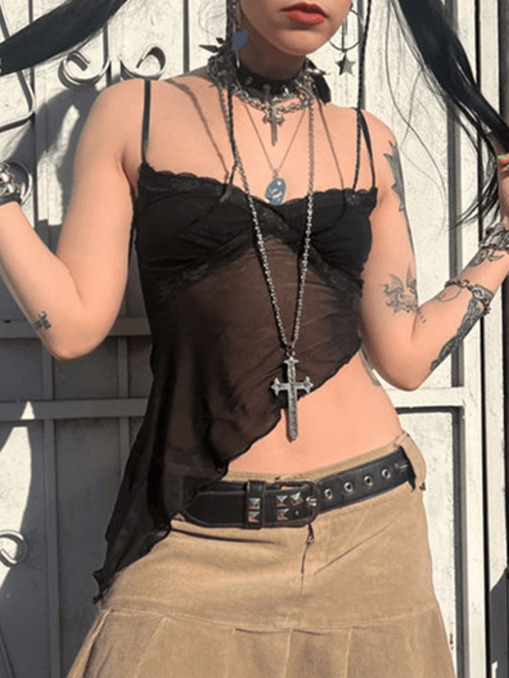 Y2K Fashion: Coquette Aesthetic Cami Top with Asymmetric Hem - Grunge Style, Pastel Goth, Cute Tops