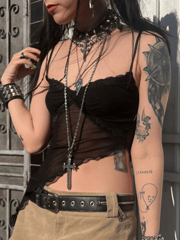 Y2K Fashion: Coquette Aesthetic Cami Top with Asymmetric Hem - Grunge Style, Pastel Goth, Cute Tops