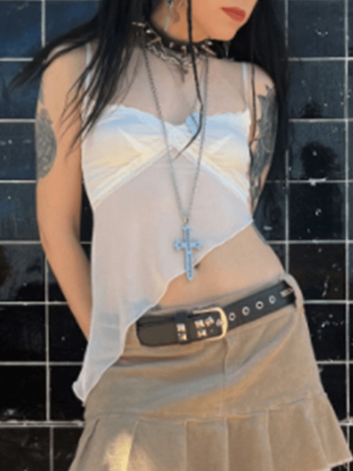 Y2K Fashion: Coquette Aesthetic Cami Top with Asymmetric Hem - Grunge Style, Pastel Goth, Cute Tops