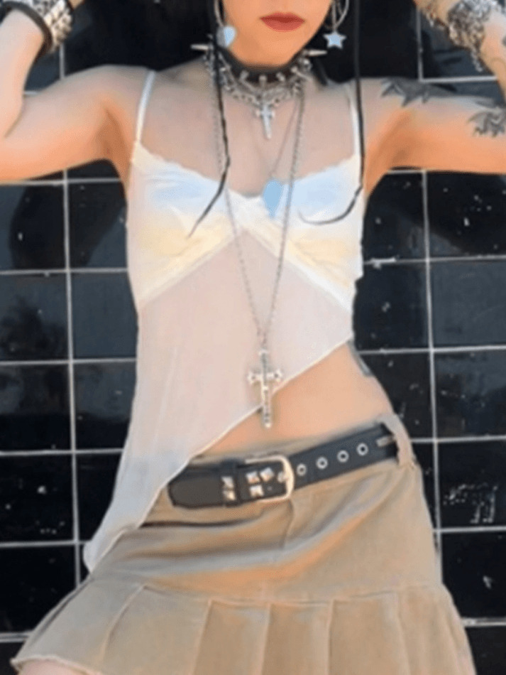 Y2K Fashion: Coquette Aesthetic Cami Top with Asymmetric Hem - Grunge Style, Pastel Goth, Cute Tops