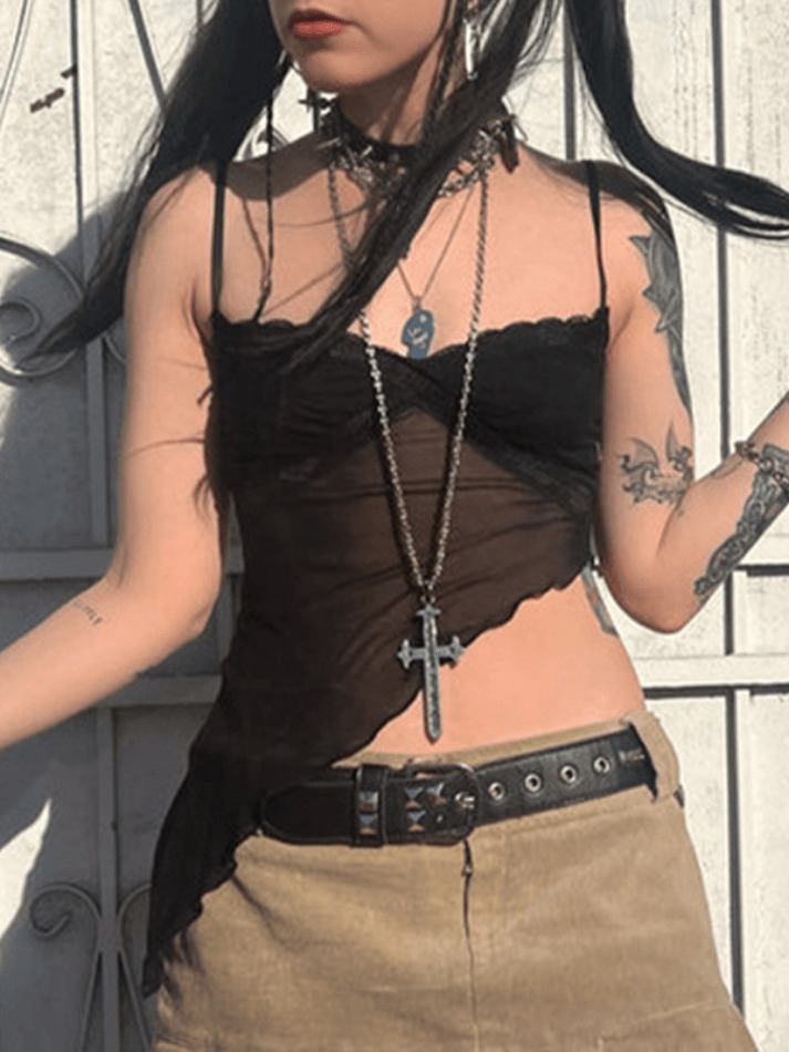 Y2K Fashion: Coquette Aesthetic Cami Top with Asymmetric Hem - Grunge Style, Pastel Goth, Cute Tops
