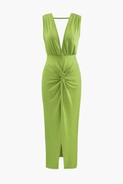 Y2K Fashion Coquette Aesthetic Deep V-Neck Backless Slit Midi Dress