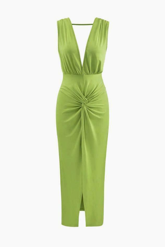 Y2K Fashion Coquette Aesthetic Deep V-Neck Backless Slit Midi Dress