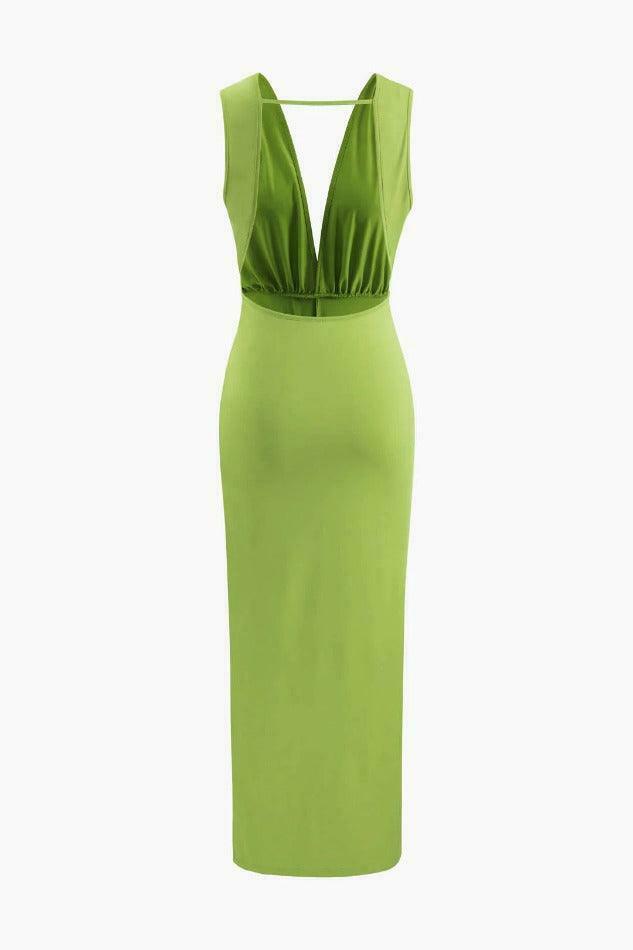 Y2K Fashion Coquette Aesthetic Deep V-Neck Backless Slit Midi Dress