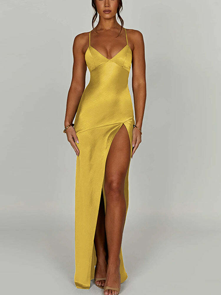 Y2K Fashion Coquette Aesthetic Deep V-Neck Suspender Slit Midi Dress