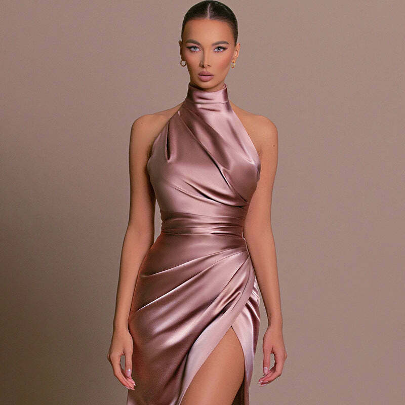 Y2K Fashion Coquette Aesthetic Halter Neck Slit Slim Dress - Grunge Style Cargo Skirt Outfit