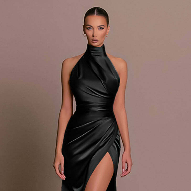 Y2K Fashion Coquette Aesthetic Halter Neck Slit Slim Dress - Grunge Style Cargo Skirt Outfit
