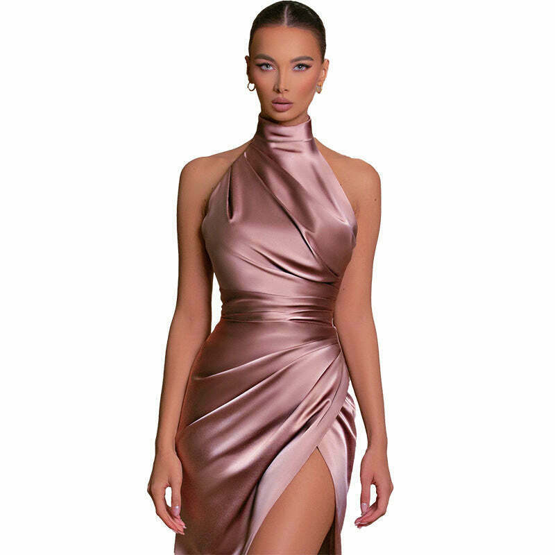 Y2K Fashion Coquette Aesthetic Halter Neck Slit Slim Dress - Grunge Style Cargo Skirt Outfit