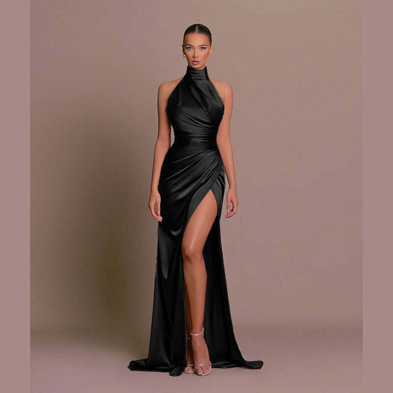 Y2K Fashion Coquette Aesthetic Halter Neck Slit Slim Dress - Grunge Style Cargo Skirt Outfit