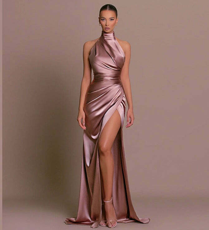 Y2K Fashion Coquette Aesthetic Halter Neck Slit Slim Dress - Grunge Style Cargo Skirt Outfit