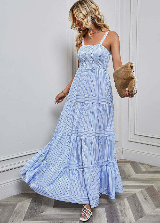 Y2K Fashion Coquette Aesthetic Maxi Dress with Waist Striped Detail