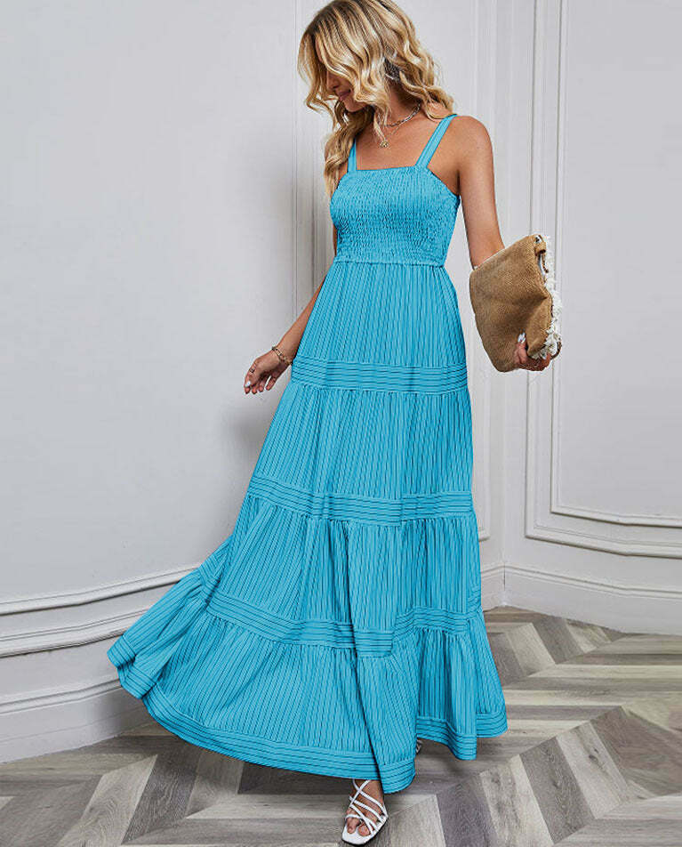 Y2K Fashion Coquette Aesthetic Maxi Dress with Waist Striped Detail