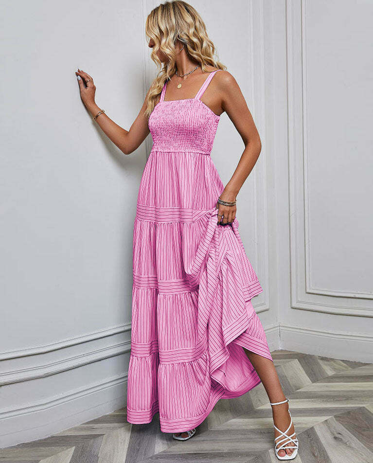 Y2K Fashion Coquette Aesthetic Maxi Dress with Waist Striped Detail