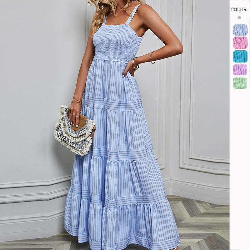 Y2K Fashion Coquette Aesthetic Maxi Dress with Waist Striped Detail
