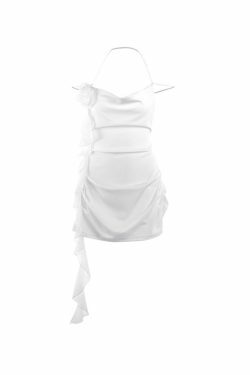 Y2K Fashion Coquette Aesthetic Mini Dress with Plunge Neckline and Ribbon Flower Detail