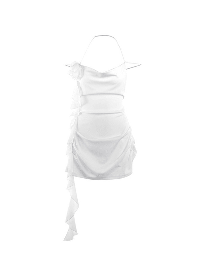 Y2K Fashion Coquette Aesthetic Mini Dress with Plunge Neckline and Ribbon Flower Detail