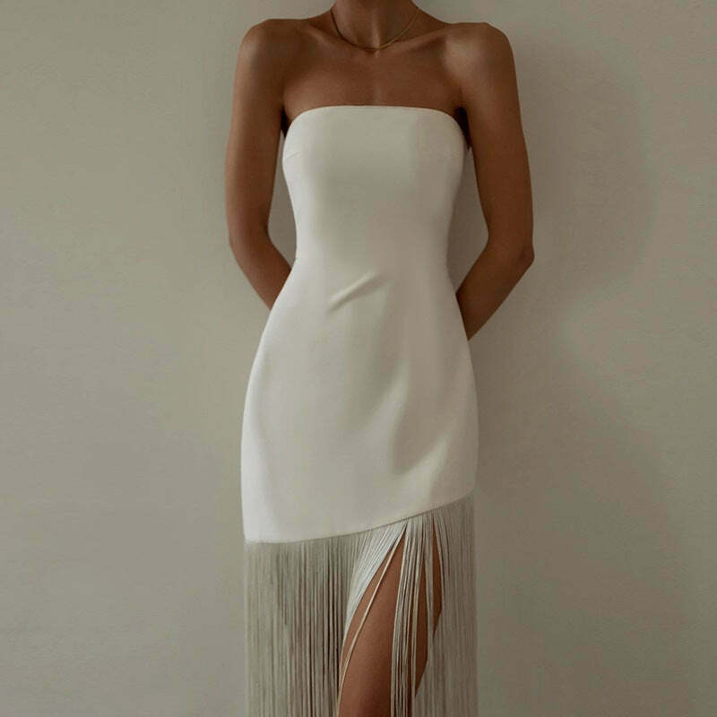 Y2K Fashion Coquette Aesthetic Tassel Top Slit Dress - Grunge Style Cargo Skirt & Cute Hoodie