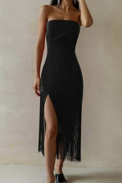 Y2K Fashion Coquette Aesthetic Tassel Top Slit Dress - Grunge Style Cargo Skirt & Cute Hoodie