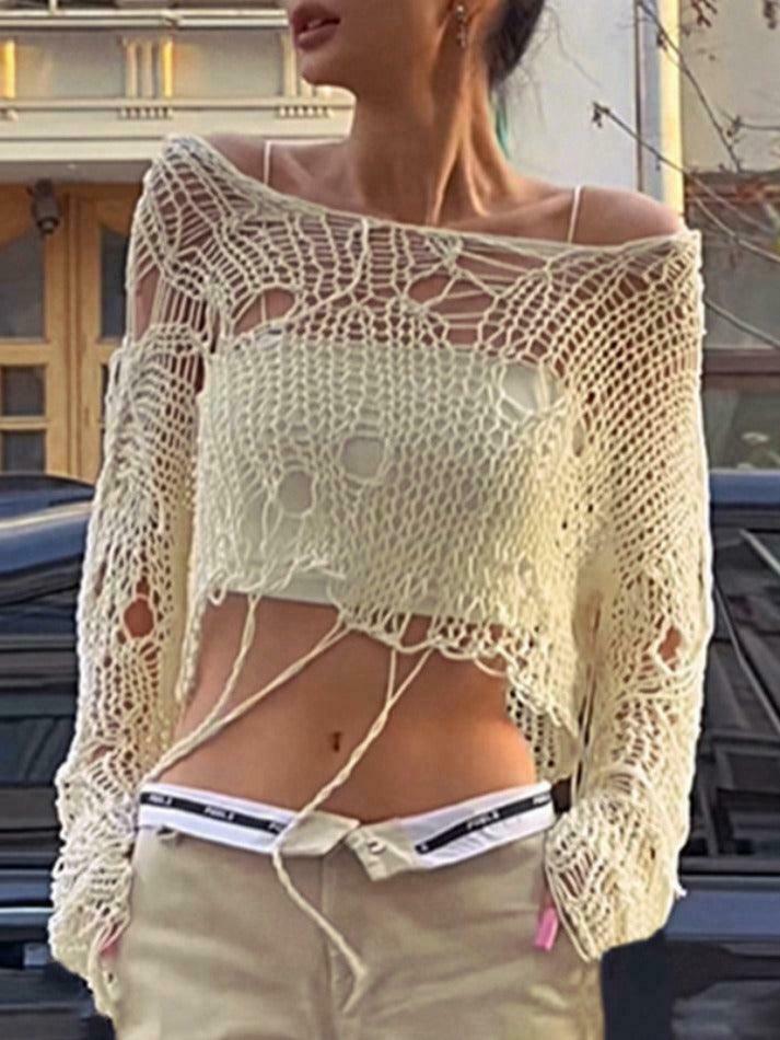 Y2K Fashion Crochet Top: Coquette Aesthetic with Slanted Shoulder Cutout