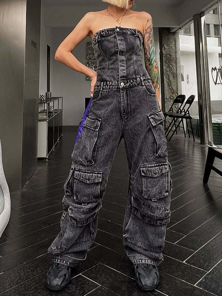 Y2K Fashion Denim Jumpsuit with Multi-Pockets for Trendy Women