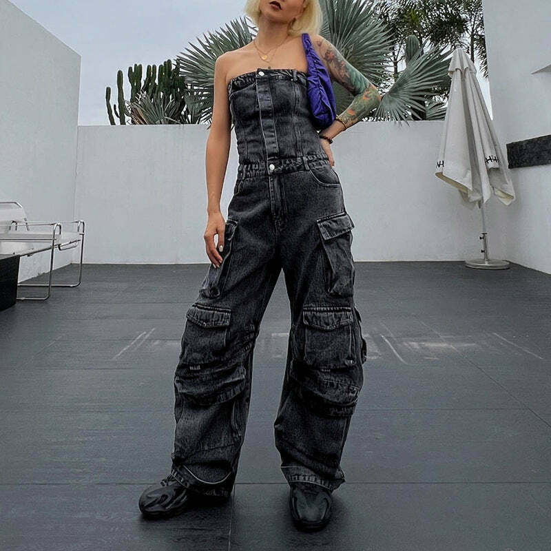 Y2K Fashion Denim Jumpsuit with Multi-Pockets for Trendy Women