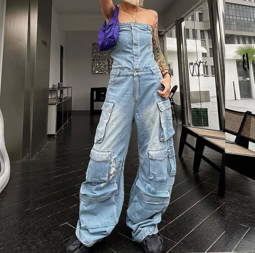 Y2K Fashion Denim Jumpsuit with Multi-Pockets for Trendy Women