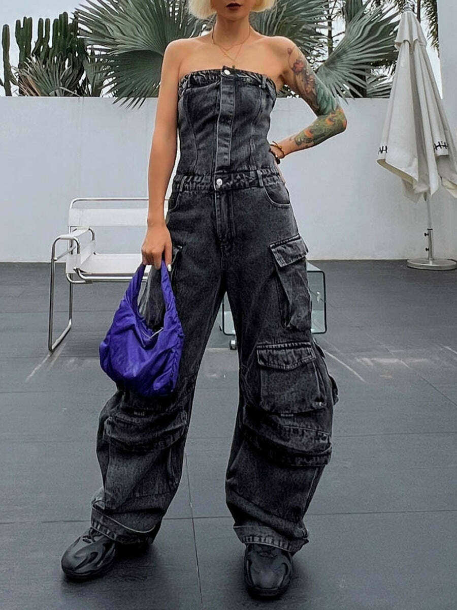 Y2K Fashion Denim Jumpsuit with Multi-Pockets for Trendy Women