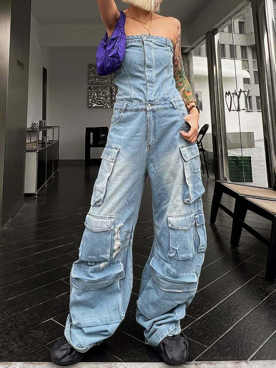 Y2K Fashion Denim Jumpsuit with Multi-Pockets for Trendy Women