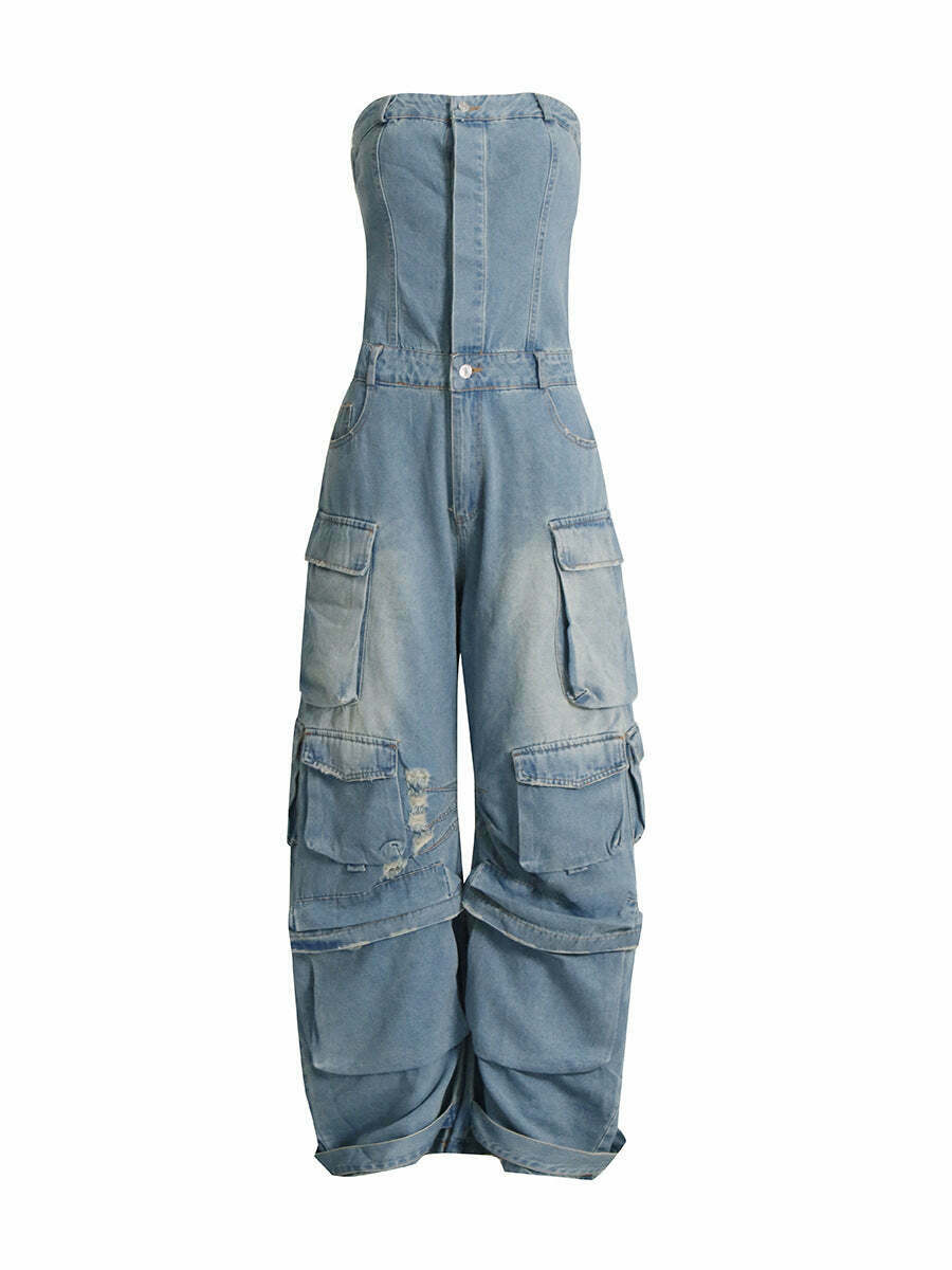 Y2K Fashion Denim Jumpsuit with Multi-Pockets for Trendy Women