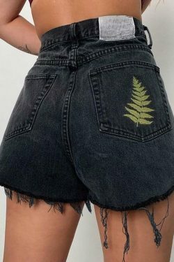Y2K Fashion Denim Shorts with Fern Leaf Embroidery - Coquette Aesthetic Grunge Style