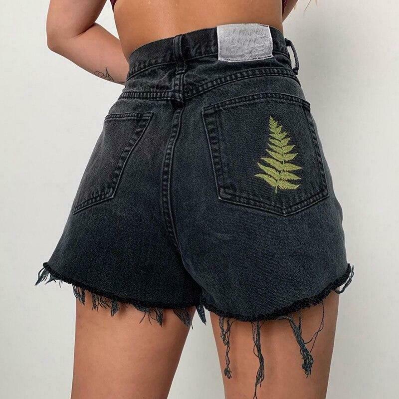 Y2K Fashion Denim Shorts with Fern Leaf Embroidery - Coquette Aesthetic Grunge Style