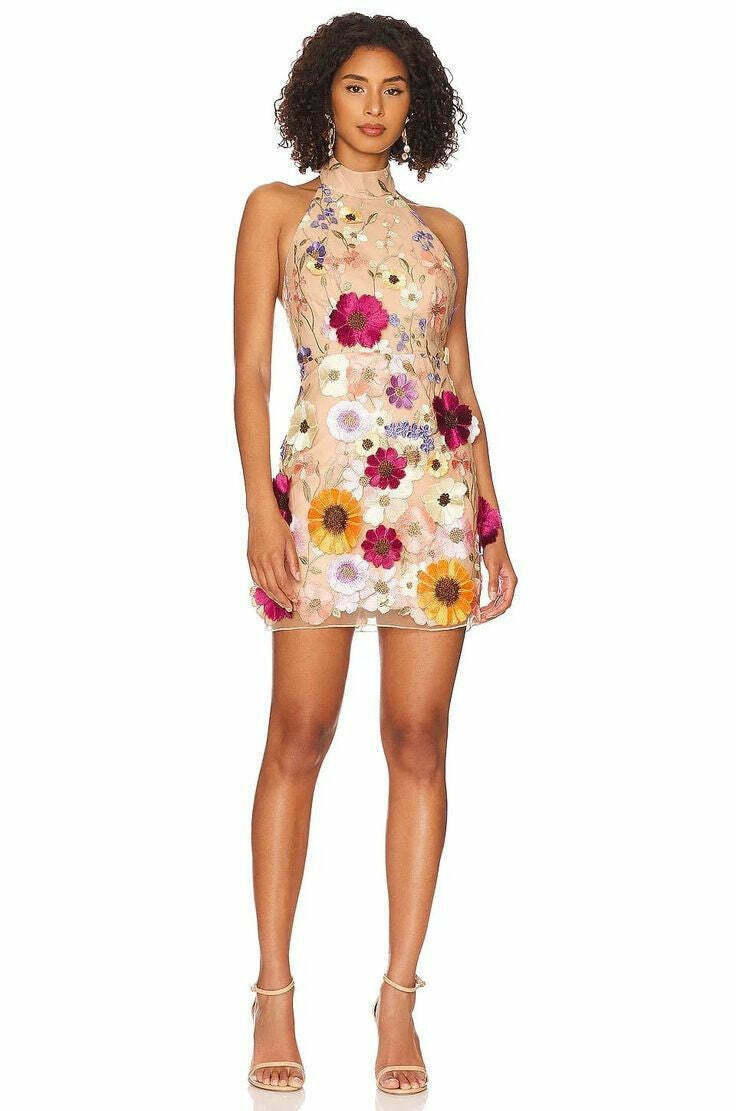 Y2K Fashion Embroidered 3D Flower Slim Dress - Coquette Aesthetic, Grunge Style, Past