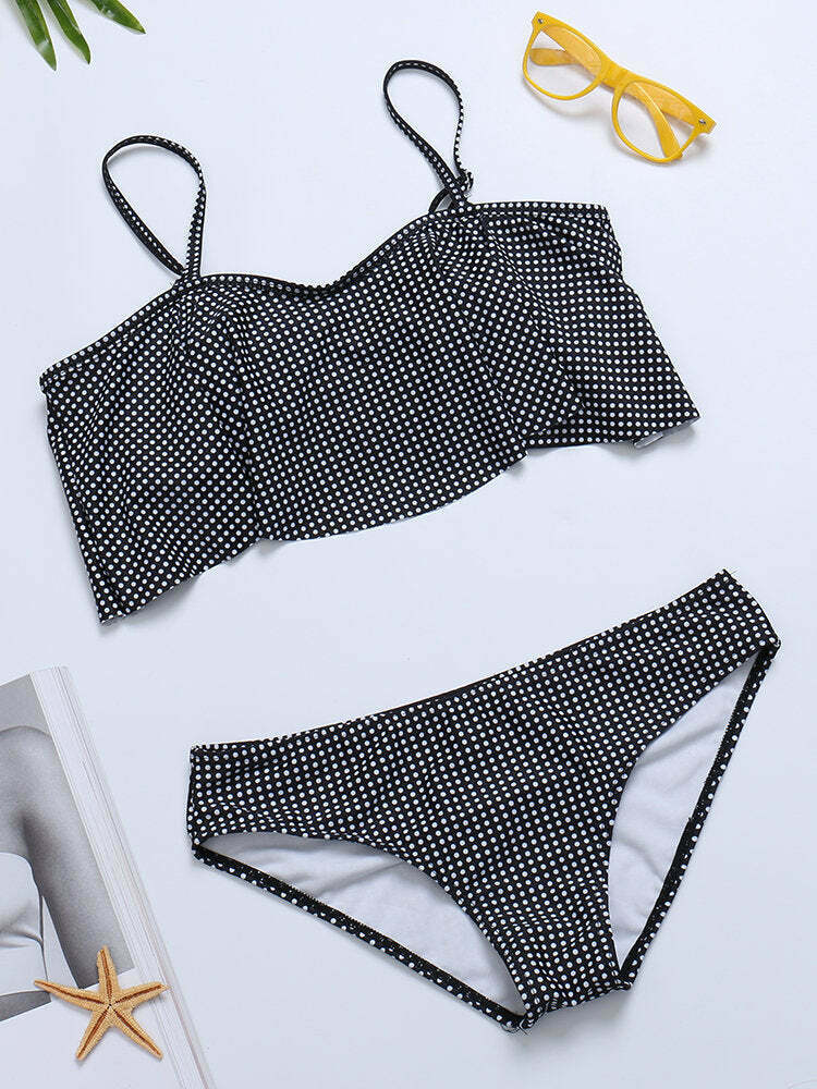Y2K Fashion: Flouncy Polka Dot Bikini Set with Removable Straps for a Coquette Aesthetic