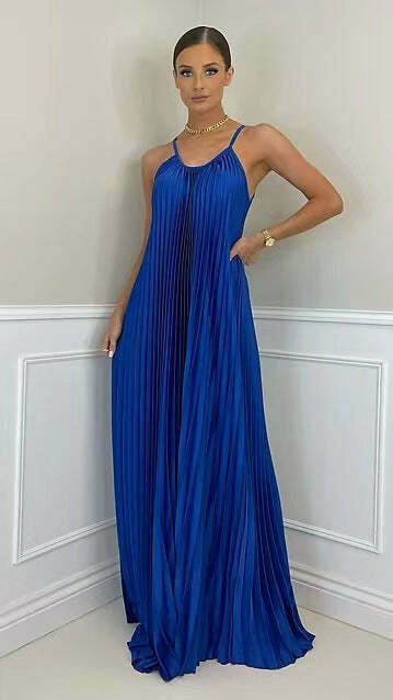 Y2K Fashion Halter Neck Dress: Elegant Pleated Long Dress - Coquette Aesthetic,