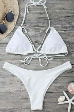 Y2K Fashion Halterneck High Cut Bikini Set With Beads - Coquette Aesthetic Grunge Style
