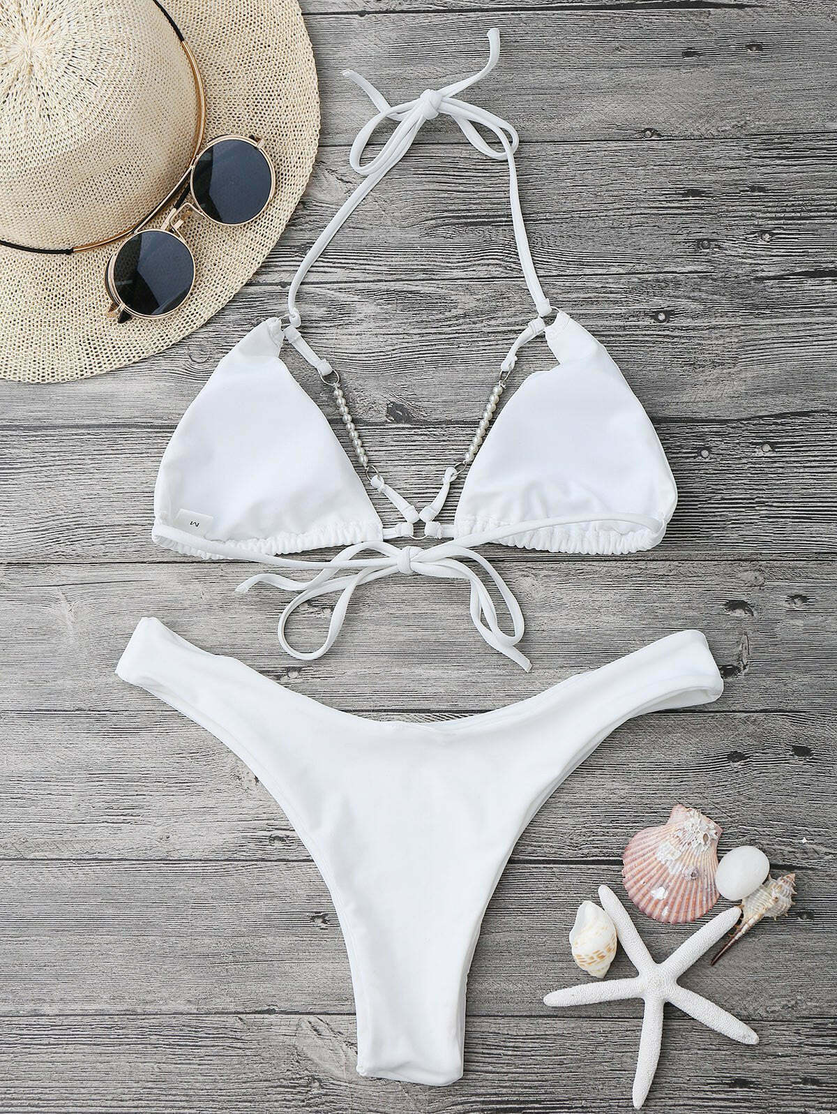 Y2K Fashion Halterneck High Cut Bikini Set With Beads - Coquette Aesthetic Grunge Style