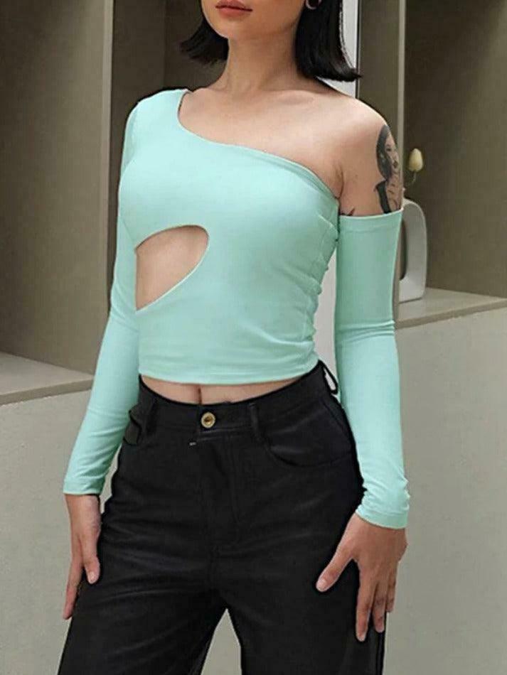 Y2K Fashion Irregular Design Cutout One Shoulder Long Sleeve Tee - Coquette Aesthetic Grunge Style