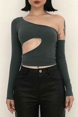 Y2K Fashion Irregular Design Cutout One Shoulder Long Sleeve Tee - Coquette Aesthetic Grunge Style