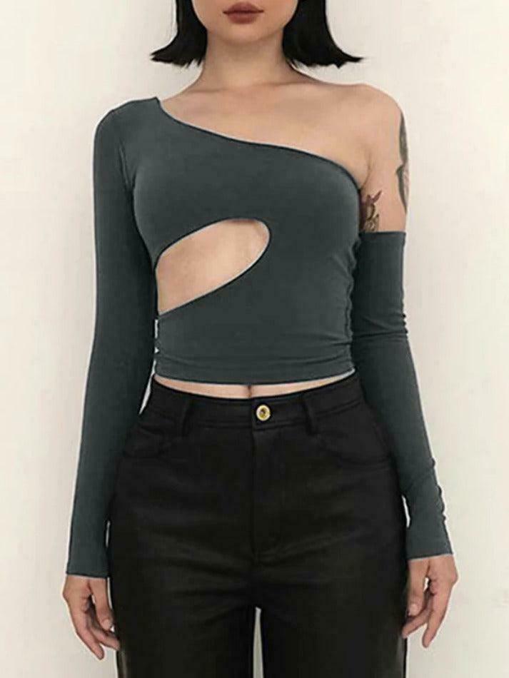 Y2K Fashion Irregular Design Cutout One Shoulder Long Sleeve Tee - Coquette Aesthetic Grunge Style