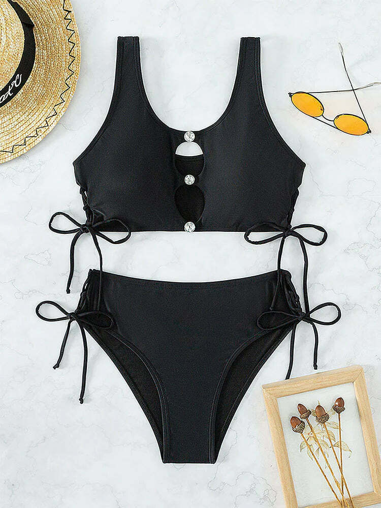 Y2K Fashion Lace-Up Bikini: Solid Color High Waist Swimsuit