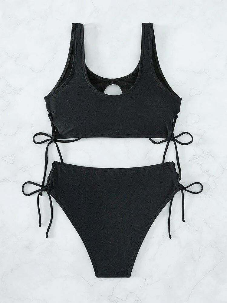 Y2K Fashion Lace-Up Bikini: Solid Color High Waist Swimsuit