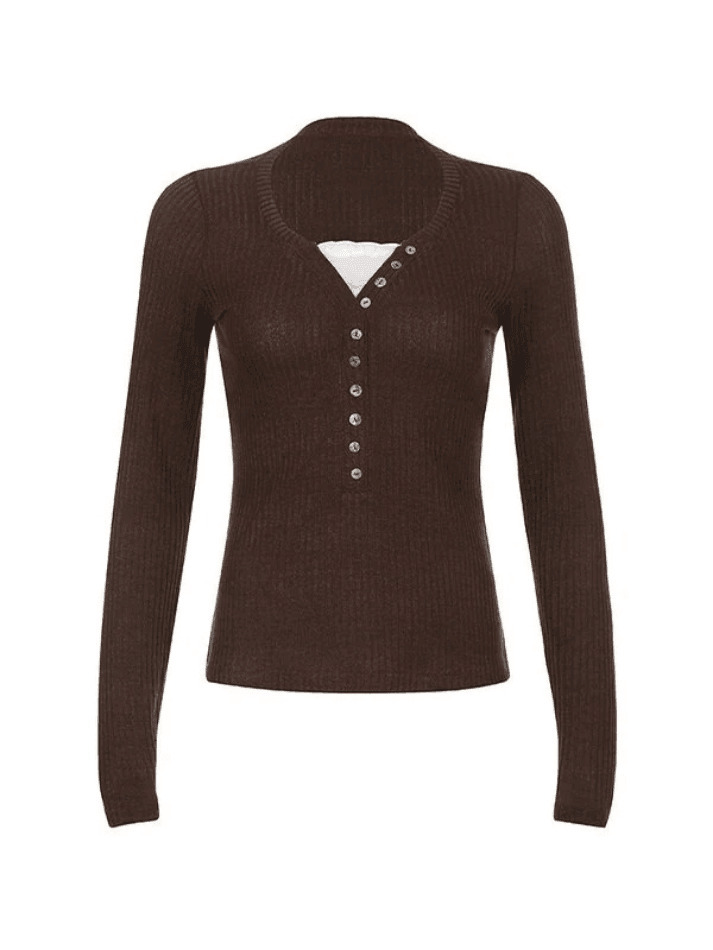 Y2K Fashion Lace Paneled Button Long Sleeve Knit Top - Coquette Aesthetic Grunge Style