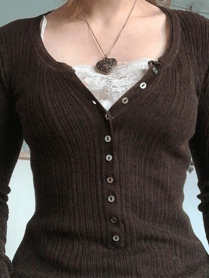Y2K Fashion Lace Paneled Button Long Sleeve Knit Top - Coquette Aesthetic Grunge Style